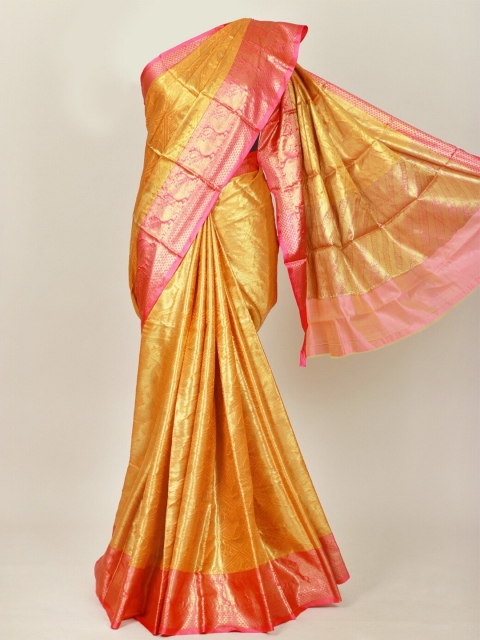 

Pothys Mustard Yellow & Pink Ethnic Motifs Zari Art Silk Banarasi Saree