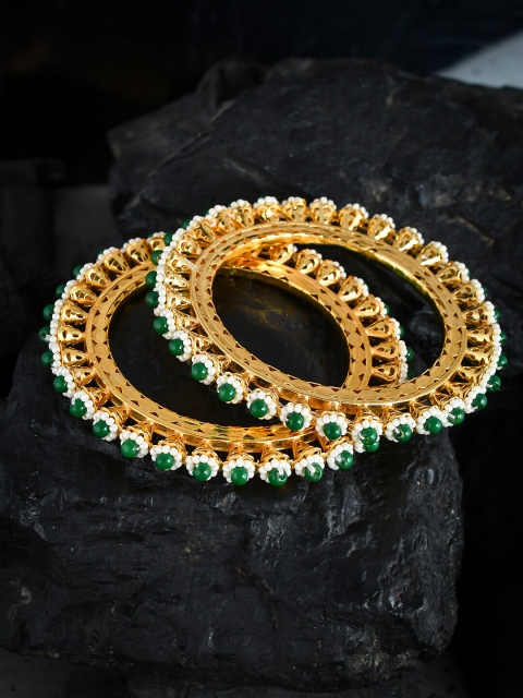

Silvermerc Designs Set Of 2 Gold-Plated Green & White Pearl-Studded Gokhroo Bangles