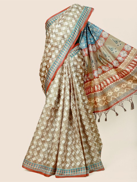 

Pothys Brown & White Printed Linen Blend Saree