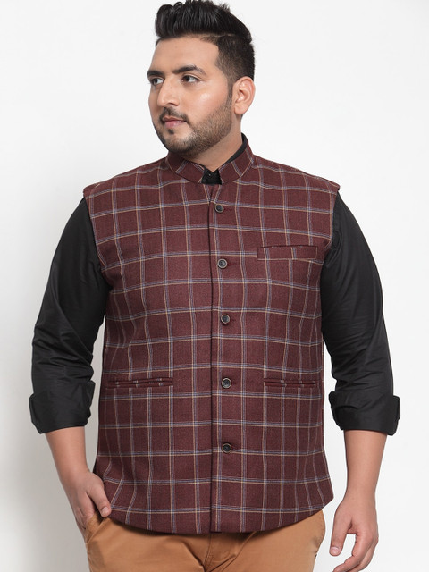 

plusS Men Maroon & Beige Checked Nehru Jacket