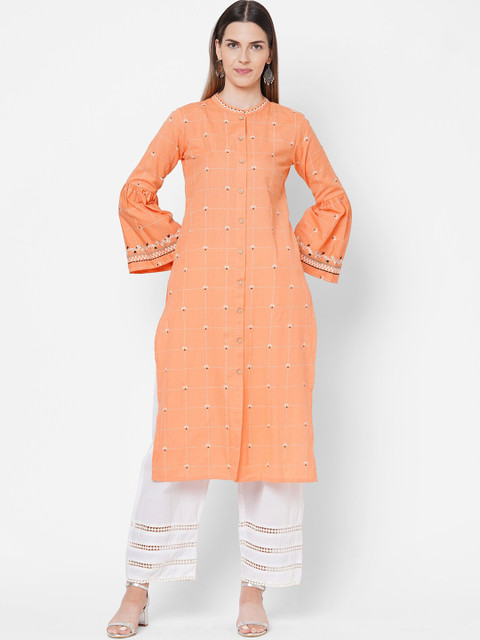 

FASHOR Women Orange & Beige Geometric Bell Sleeves Kurta