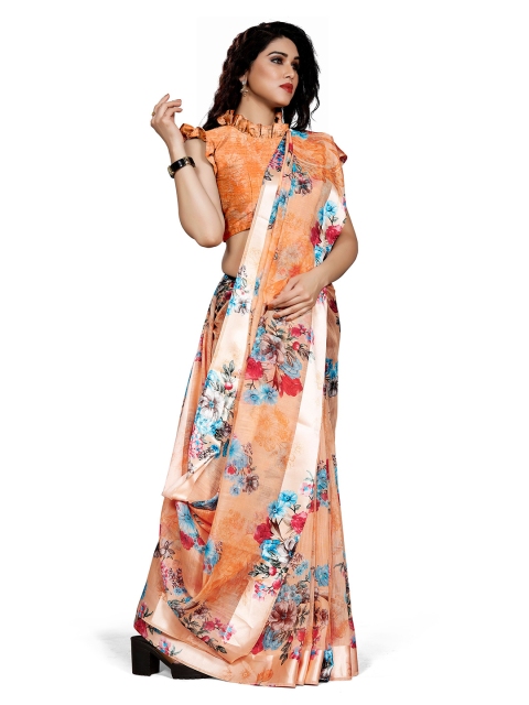 

KALINI Women Orange & Blue Cotton Floral Printed Saree