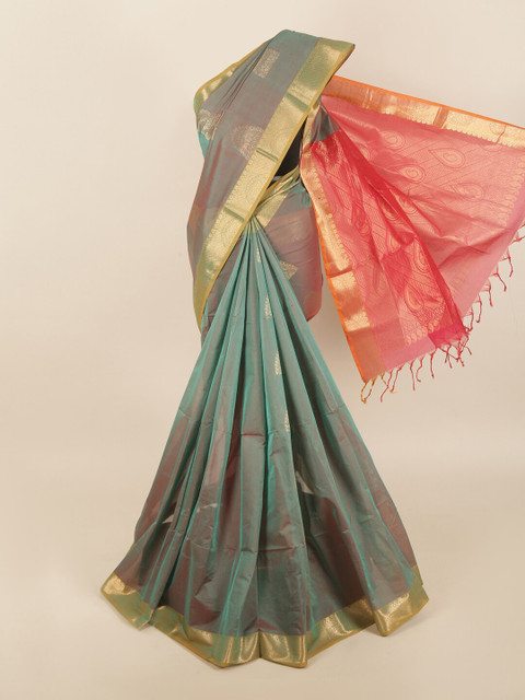 

Pothys Teal Blue & Red Ethnic Motifs Zari Saree