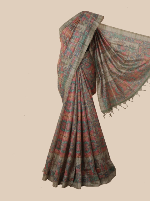 

Pothys Grey & Green Ethnic Motifs Printed Jute Silk Saree