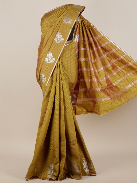 

Pothys Mustard & Silver-Toned Ethnic Motifs Printed Art Silk Saree