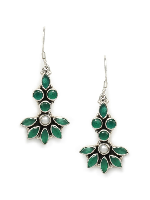 

Fabindia Silver-Toned & Green Contemporary Drop Earrings