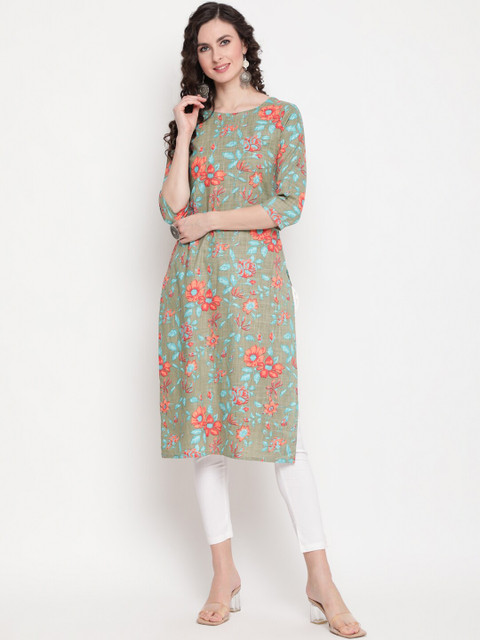 

GULMOHAR JAIPUR Women Olive Green & Pink Floral Printed Kurta