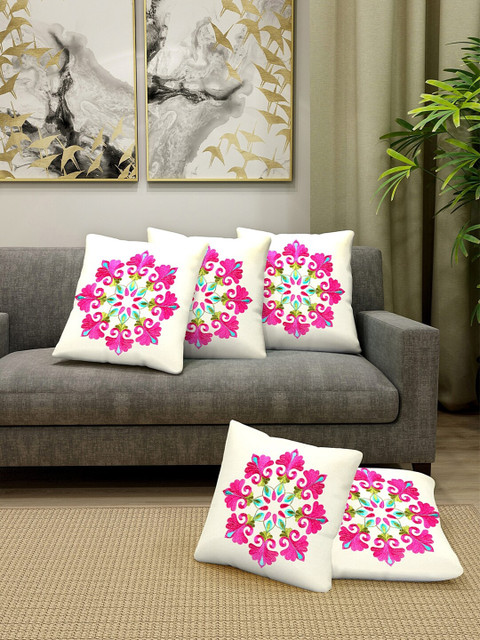 

KLOTTHE Off White & Magenta Set of 5 Embroidered Square Cushion Covers