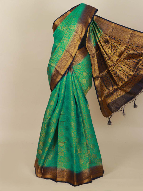 

Pothys Sea Green & Navy Blue Floral Zari Art Silk Banarasi Saree
