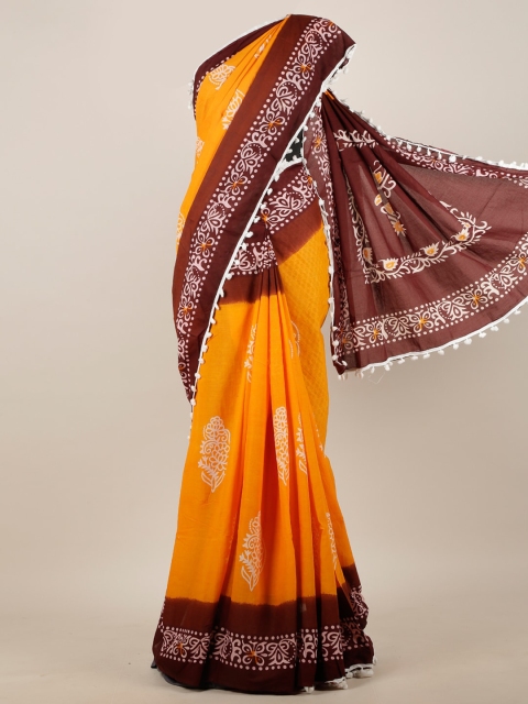 

Pothys Mustard Yellow & Brown Ethnic Motifs Printed Cotton Blend Saree