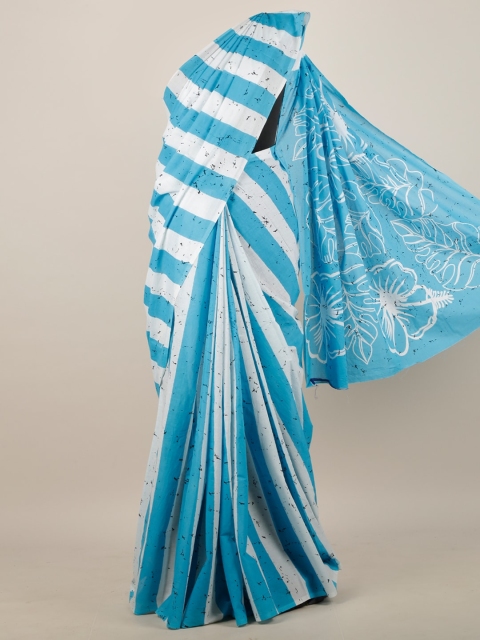 

Pothys Blue & White Cotton Blend Striped Saree