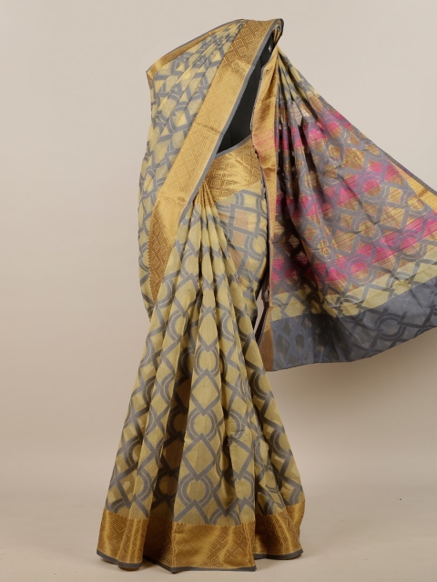 

Pothys Yellow & Grey Geometric Printed Zari Border Saree