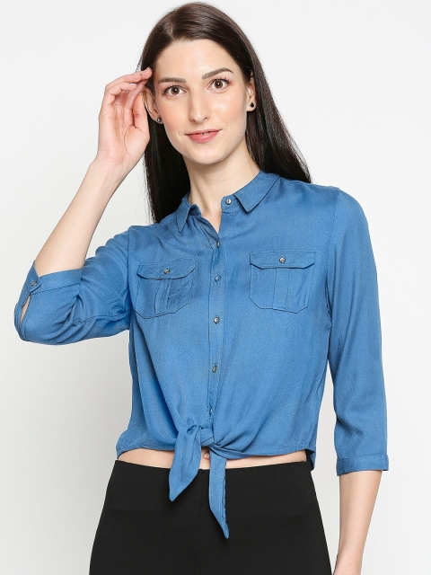 

Kraus Jeans Women Teal Solid Front Knot Casual Crop Shirt
