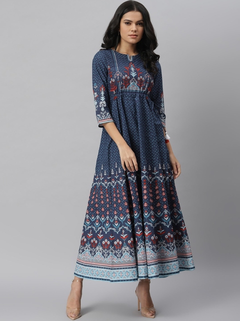 

QOMN Blue Ethnic Motifs Keyhole Neck Maxi Dress