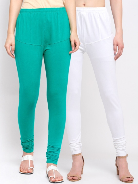 

KLOTTHE Women Pack Of 2 Solid Cotton Churidar-Length Leggings, Green