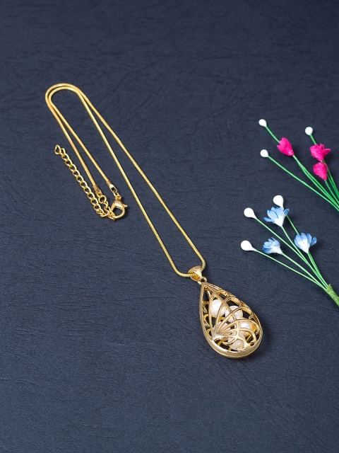 

Golden Peacock Gold-Toned & White Beaded Teardrop Shaped Pendant With Chain