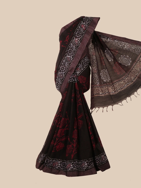 Pothys Black & Maroon Batik Jute Cotton Saree