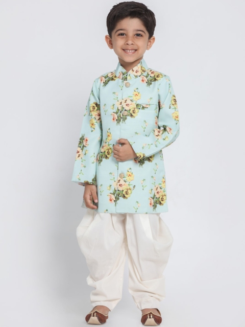 

JBN Creation Boys Light Green and White Printed Slim-Fit Sherwani Set