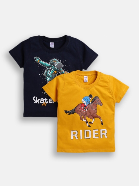 

Nottie Planet Boys Navy Blue & Mustard Yellow Pack Of 2 Printed T-shirts