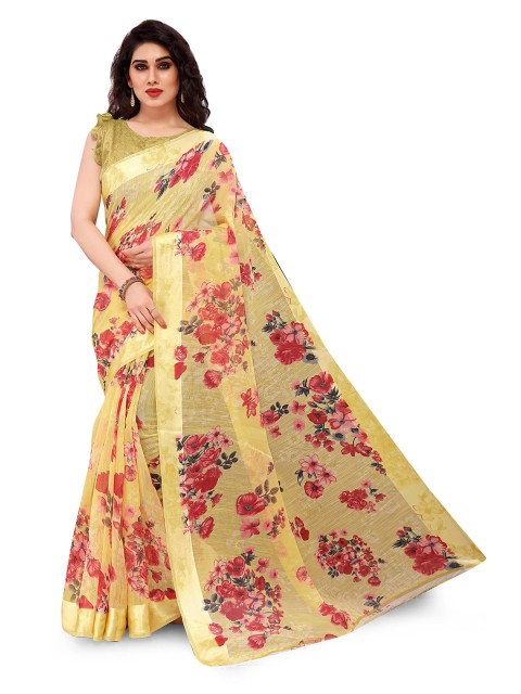 

KALINI Women Yellow & Muticolored Bagh Floral Print Poly Cotton Saree