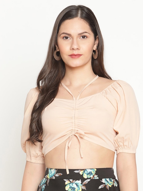 

The Vanca Beige Tie-Up Neck Puff Sleeve Fitted Crop Top