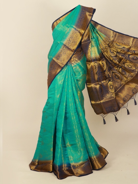 

Pothys Sea Green & Navy Blue Ethnic Motifs Zari Art Silk Banarasi Saree