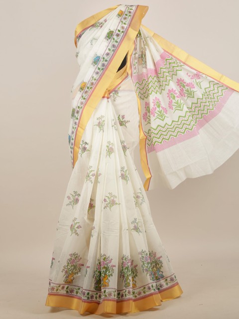 

Pothys Women Off White Cotton Blend Floral Printed Saree