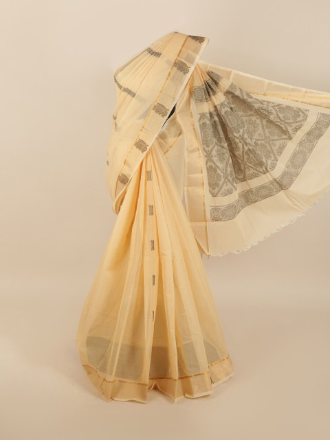 

Pothys Cream-Coloured & Grey Ethnic Motifs Zari Saree