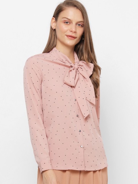 

FOREVER 21 Women Pink Printed Tie-Up Neck Shirt Style Top