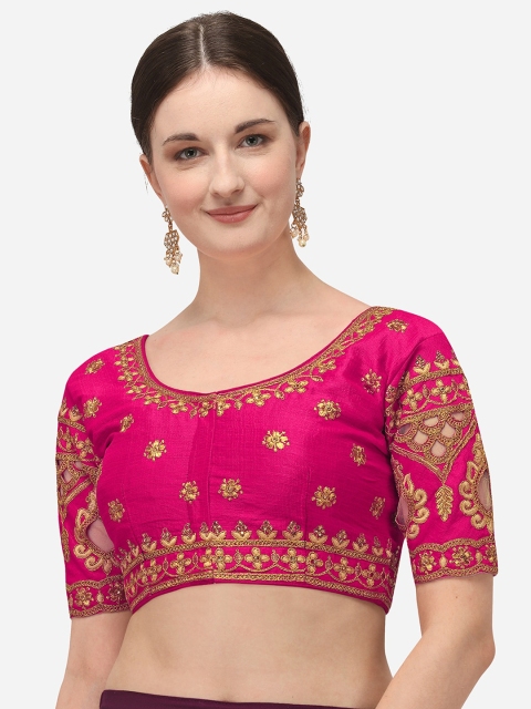 

Amrutam Fab Women Pink Embroidered Raw Silk Saree Blouse