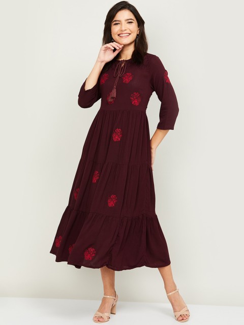 

Colour Me by Melange Women Burgundy Floral Embroidered Tiered Midi Dress