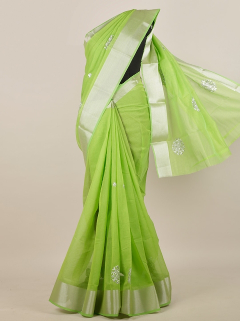 

Pothys Women Green & Silver Cotton Blend Embroidered Saree