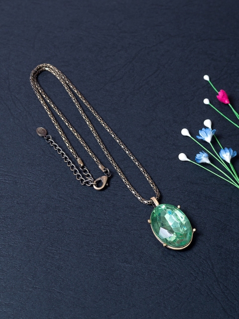 

Golden Peacock Copper-Toned & Green Stone-Studded Oval Shaped Pendent With Chain
