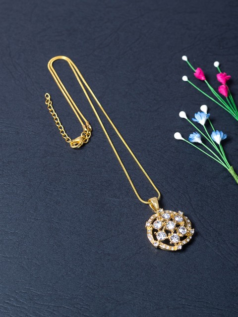 

Golden Peacock Gold-Plated & White Stone-Studded Circular Shaped Pendent With Chain