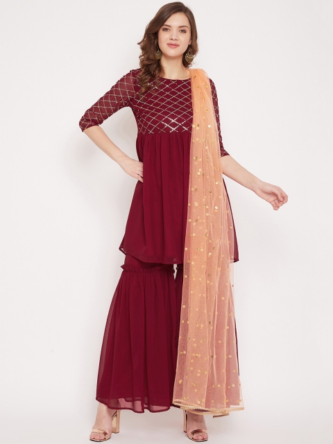 

PANIT Women Maroon Yoke Design Sequinned Kurta with Sharara & Dupatta