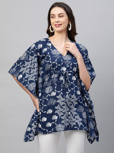 

FASHOR Blue & White Ethnic Motifs Printed V-Neck Flared Sleeves Pure Cotton Empire Kaftan Kurti