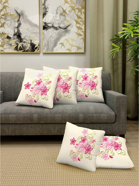 

KLOTTHE Off White & Pink Set of 5 Floral Embroidered Square Cushion Covers