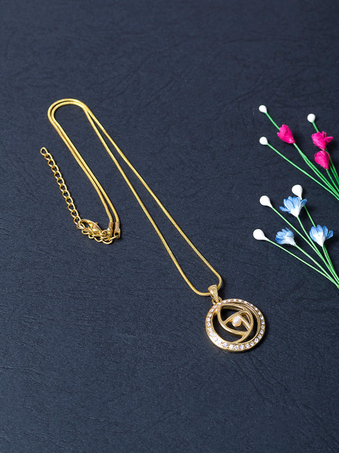 

Golden Peacock Gold-Plated & White Stone-Studded Circular Shaped Pendent With Chain