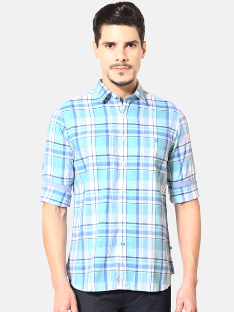 

J Hampstead Men Turquoise Blue Slim Fit Tartan Checks Checked Casual Shirt