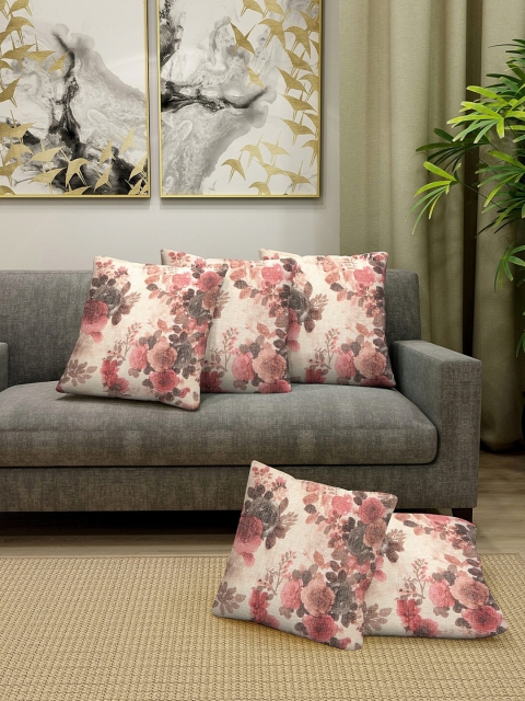 

KLOTTHE Cream-Coloured & Pink Set of 5 Floral Square Cushion Covers