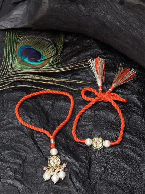 

DUGRISTYLE Orange & Gold-Toned Set of 2 Sterling Silver Kundan Bhaiya Bhabhi Rakhi