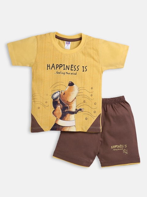 Nottie Planet Boys Yellow & Brown Printed T-shirt with Shorts