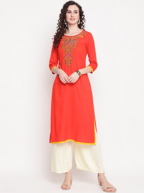 

GULMOHAR JAIPUR Women Peach-Coloured Yoke Design Thread Work Kurta