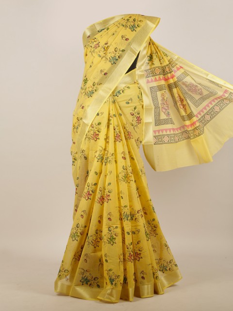 

Pothys Yellow & Green Floral Printed Zari Border Saree
