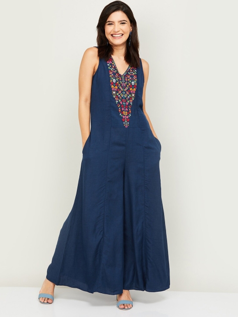 

Colour Me by Melange Navy Blue & Red Basic Jumpsuit with Embroidered