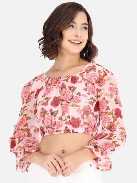 

Trend Arrest Women Pink Floral Bell Sleeve Chiffon Regular Crop Top