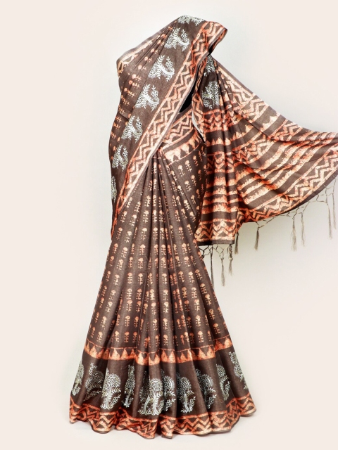 

Pothys Brown & Peach-Coloured Ethnic Motifs Linen Blend Saree