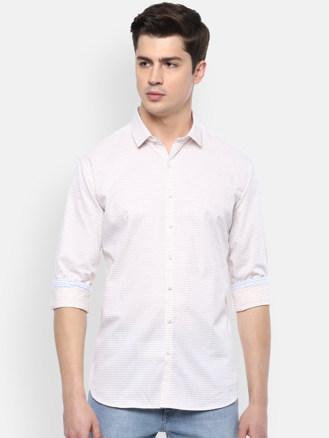 

V Dot Men White Slim Fit Horizontal Stripes Striped Cotton Casual Shirt