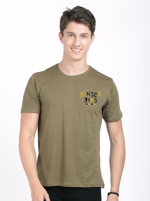 

MASH UNLIMITED Men Olive Green Typography Printed Slim Fit Cotton T-shirt