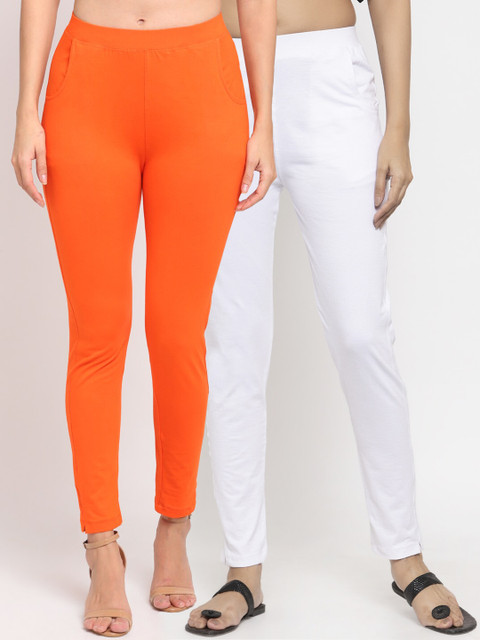 

NEUDIS Women Pack Of 2 Solid Straight-Fit Ankle-Length Leggings, Orange